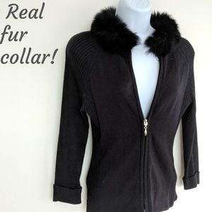 Black FUR collar zip sweater top
